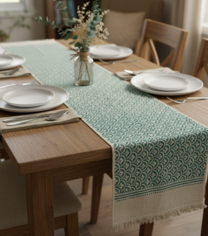 Hand block print slub cotton table runner.