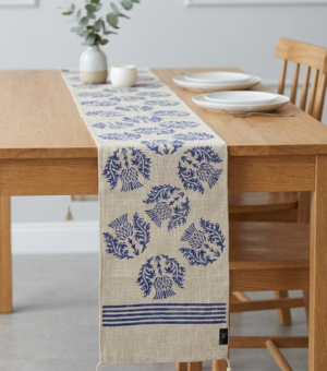 Hand block print slub cotton table runner