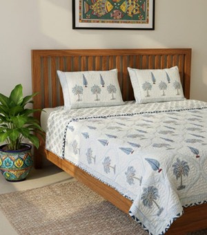 Hand Block Print Quilted Bed Cover with Pillow Cases