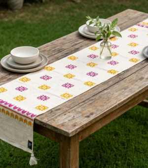 Boho Style Slub Cotton Table Runner – Playful Orange & Pink Dining Accent. Size 72×14 inches.