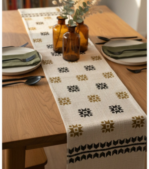 Premium Slub Cotton Table Runner with Mustard Yellow & Black Motifs – Modern Elegance. Size: 72×14 inches.
