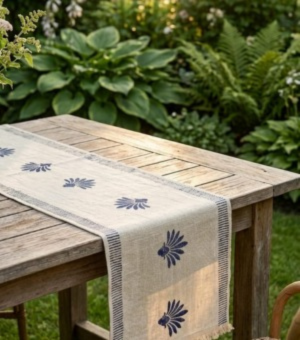 Hand Block Print Slub Cotton Table Runner. Off White With Blue Floral Motifs. Size: 72×14 inches.