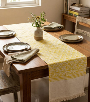 Bright Yellow Block Print Slub Cotton Table Runner – Fresh & Sunny Dining Decor. Size 74×12 inches.