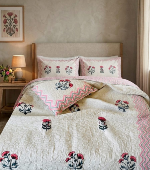 Elegant Floral Quilted Bed Cover – Soft Cotton Comfort with Handcrafted Charm