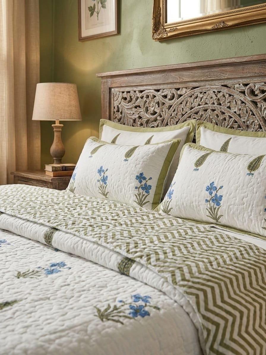 Elegant Floral Quilted Bed Cover – Ivory, Olive & Blue Handcrafted Charm