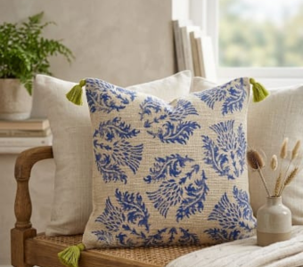 Elegant Blue Floral Hand Block Print Slub Cotton Cushion Cover | 16×16 inches