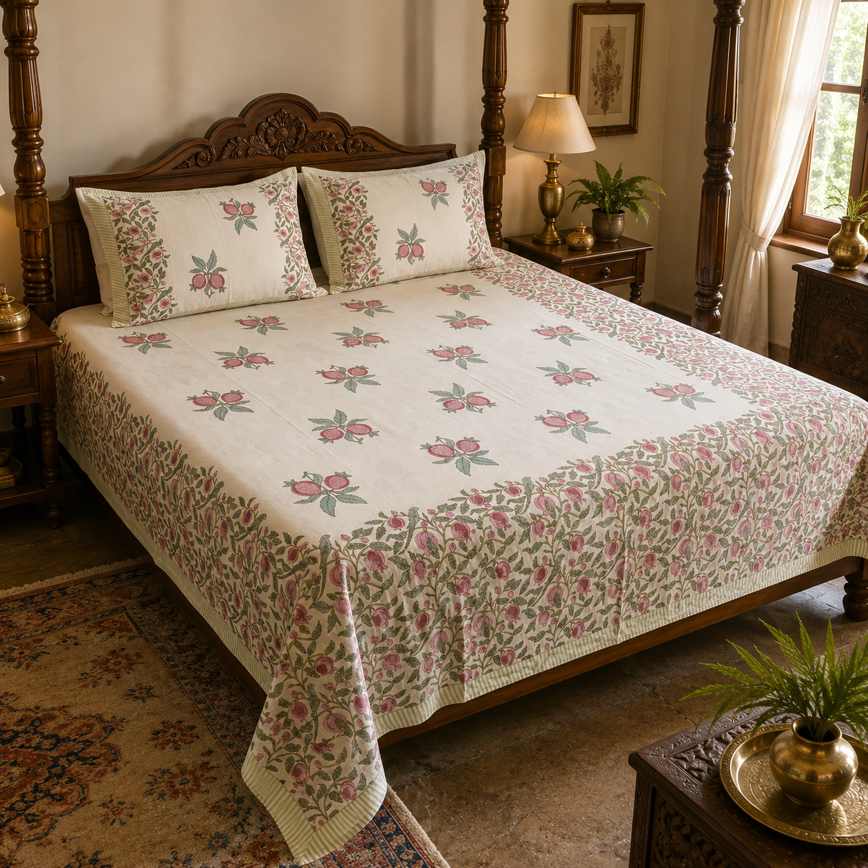 Elegant Floral Block Printed Cotton Double Bedsheet with Matching Pillow Covers