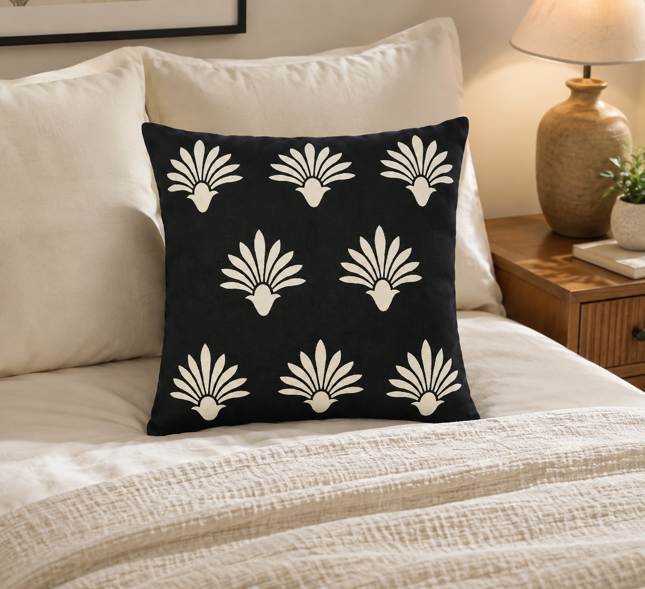 Elegant Floral Hand Block Print Cushion Cover | Black Cotton | 16×16 Inch