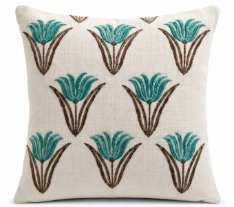 Hand Block Printed Slub Cotton Cushion Cover | Sea Green & Brown Floral Motif 18 x 18 inches