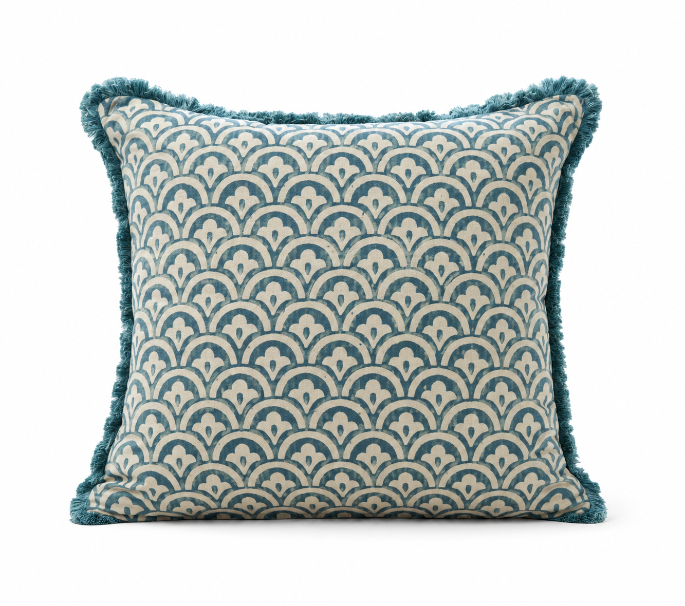 Off White Slub Cotton Cushion Cover with Blue Scale Design 16×16 inches