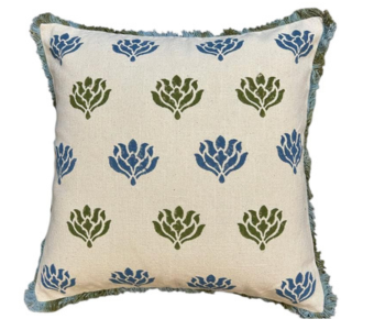 Blue & Green Floral Hand Block Printed Cotton Cushion Cover 16×16 inches