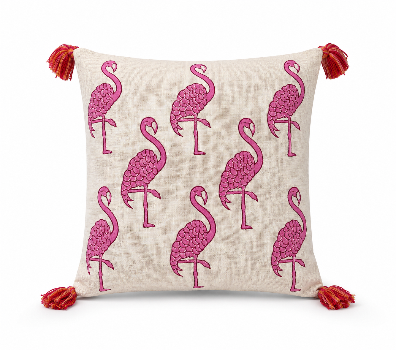 Pink Flamingo Hand Block Printed Slub Cotton Cushion Cover with Tassels 16 x16 inches